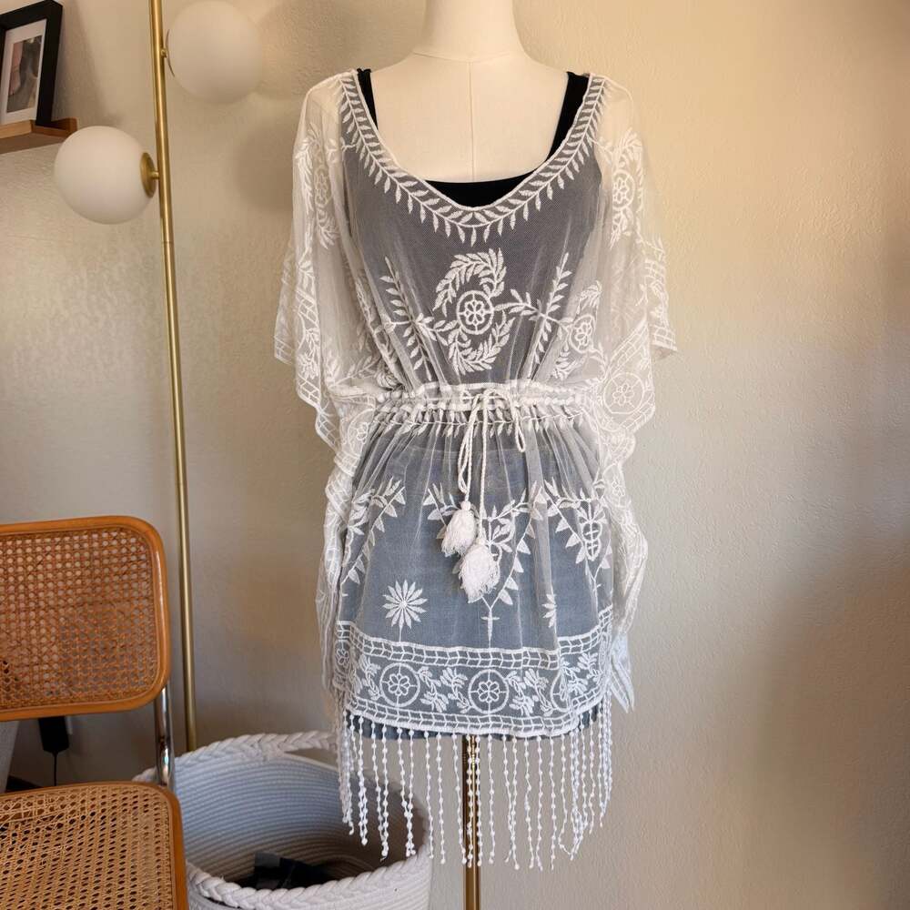 Rachel Zoe White Sheer Embroidered Tassel Drawstring Beach Cover Up Tunic